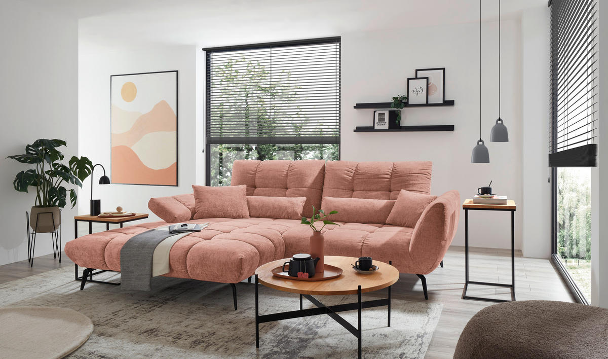 ECKSOFA Rosa Flachgewebe Rücken echt, Sitztiefenverstellung  - Schwarz/Rosa, KONVENTIONELL, Textil/Metall (211/273cm) - SetOne by Musterring