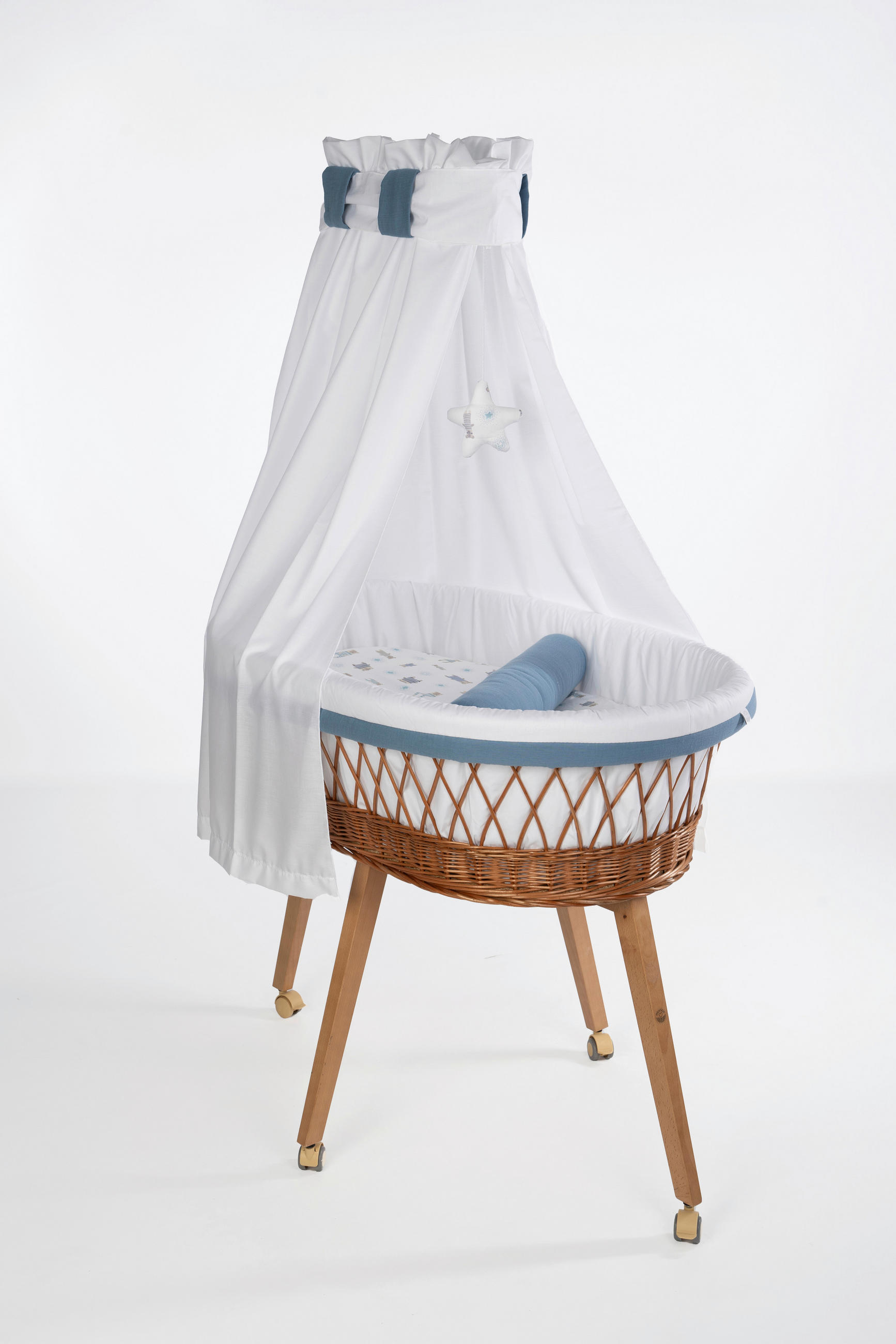 STUBENWAGEN-KOMPLETTSET Babybett Lounge Natur Pyjamabär Buche  Weiß, Buchefarben, Pastellblau  - Pastellblau/Buchefarben, Basics, Holz/Textil (60/167/100cm) - Mionido