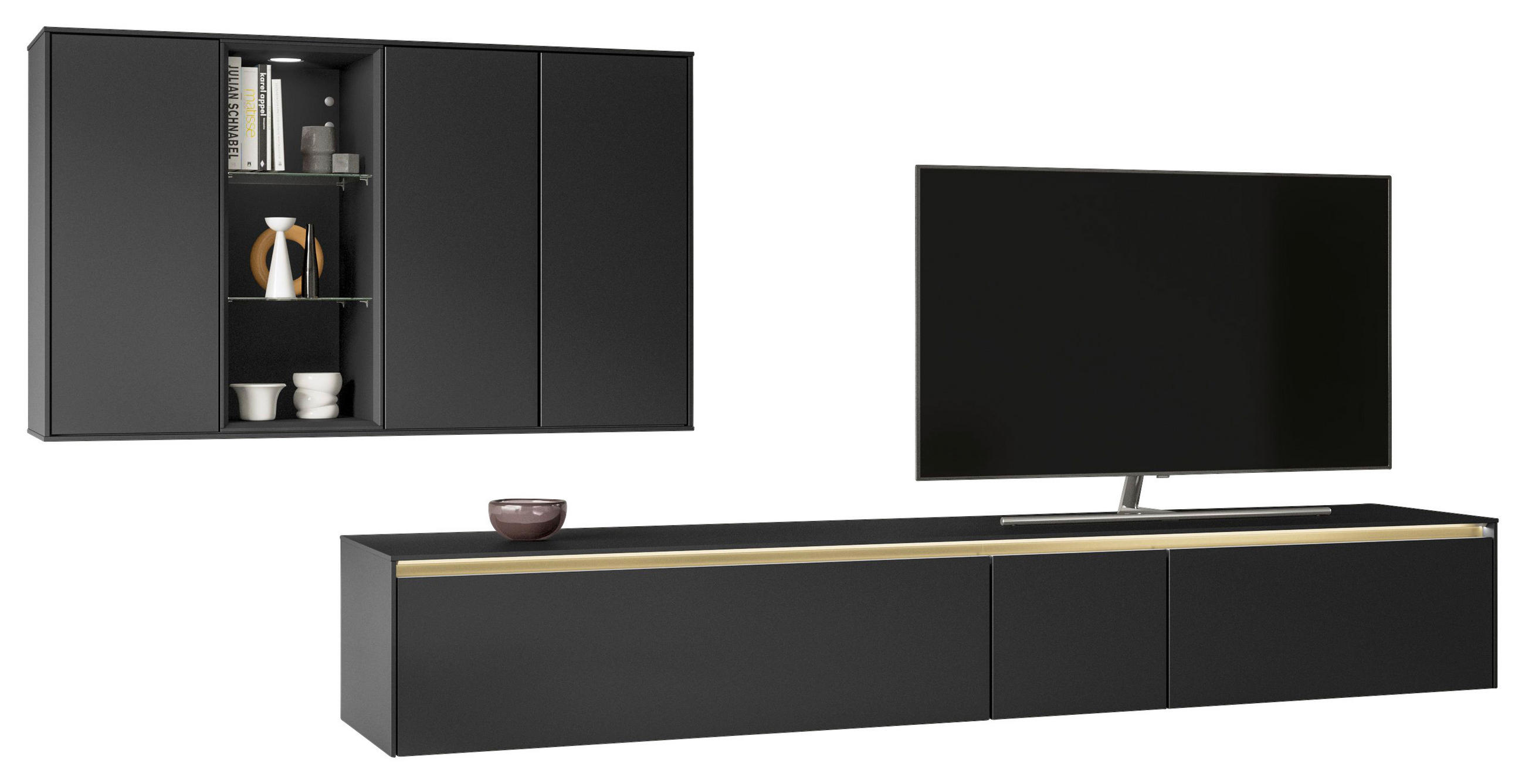 WOHNWAND  in Schwarz  302,3/205,2/48,5 cm  - Goldfarben/Schwarz, Design, Glas/Holzwerkstoff (302,3/205,2/48,5cm) - Celina Home