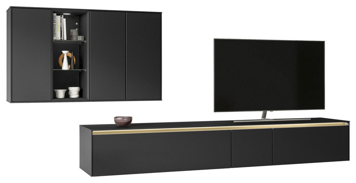 WOHNWAND  in Schwarz  302,3/205,2/48,5 cm  - Goldfarben/Schwarz, Design, Glas/Holzwerkstoff (302,3/205,2/48,5cm) - Celina Home