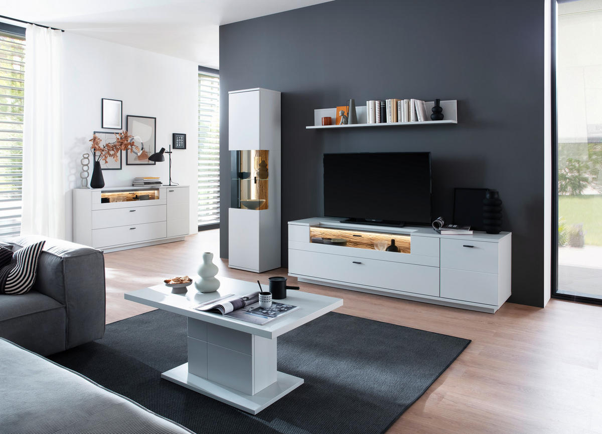 WOHNWAND  in Weiß, Eichefarben  250/199/50 cm  - Eichefarben/Anthrazit, Design, Glas/Holzwerkstoff (250/199/50cm) - Stylife