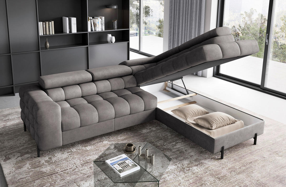 ECKSOFA FERUCCE Grau Chenille Bettkasten, Kopfteilverstellung  - Schwarz/Grau, Design, Textil/Metall (276/200cm) - MID.YOU