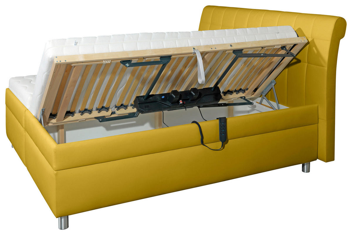 POLSTERBETT Matratze, gepolstertes Kopfteil, Lattenrost, Bettkasten, motorische Verstellbarkeit Gelb 160/200 cm  - Gelb/Silberfarben, KONVENTIONELL, Holz/Textil (160/200cm) - Esposa