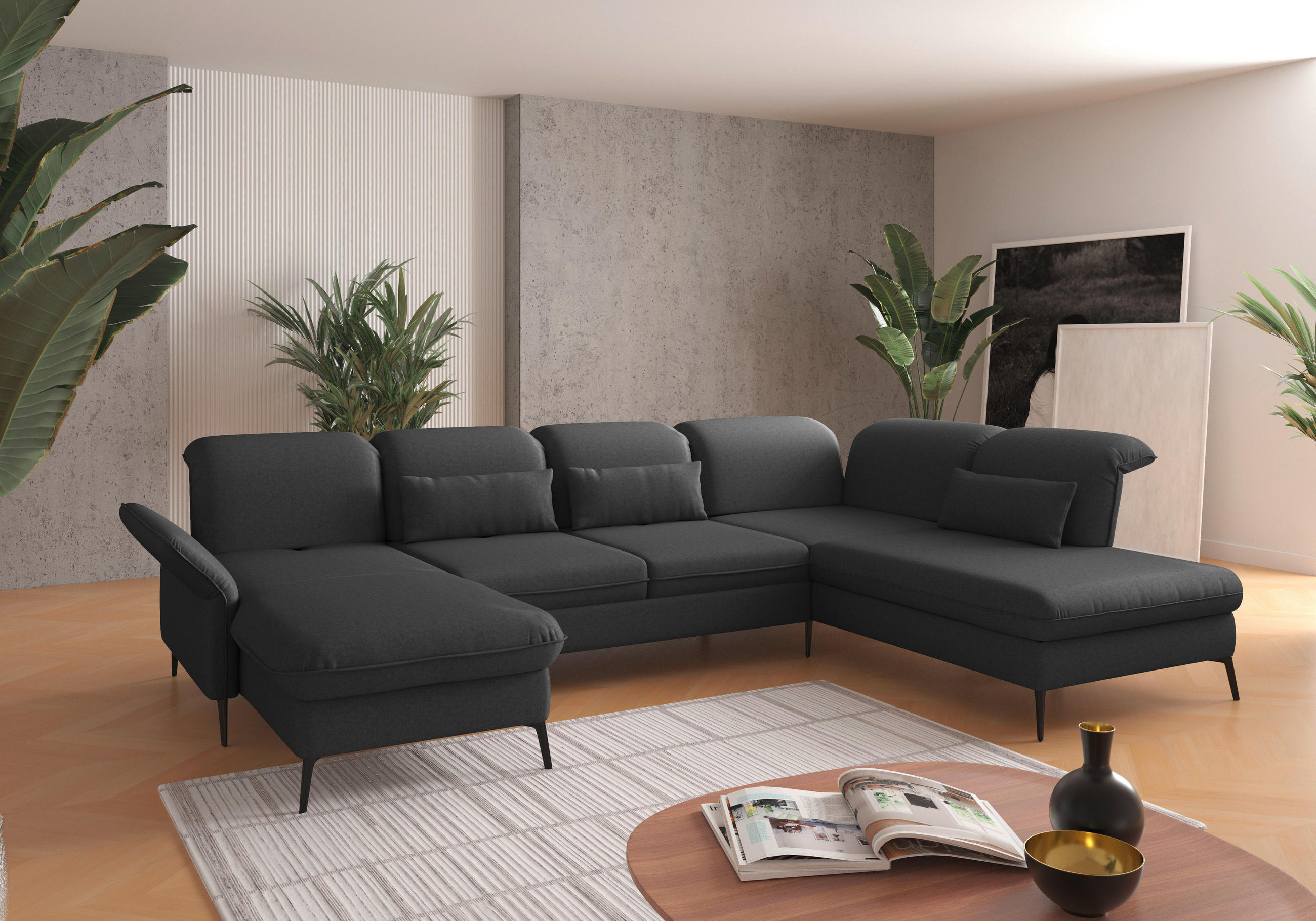 WOHNLANDSCHAFT Dunkelgrau Flachgewebe  - Dunkelgrau/Schwarz, KONVENTIONELL, Textil/Metall (198/359/231cm) - Sit & More