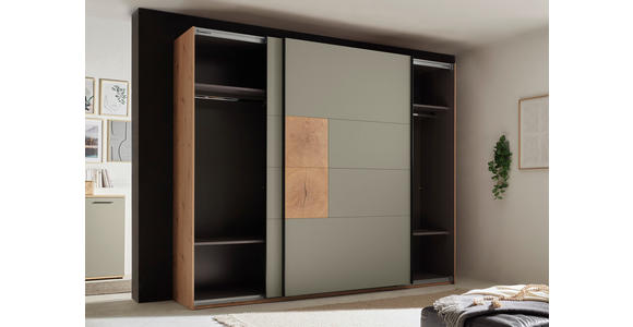 SCHWEBETÜRENSCHRANK  in Salbeigrün, Eiche Artisan  - Salbeigrün/Schwarz, KONVENTIONELL, Holzwerkstoff/Metall (270/225,5/63,7cm) - Xora