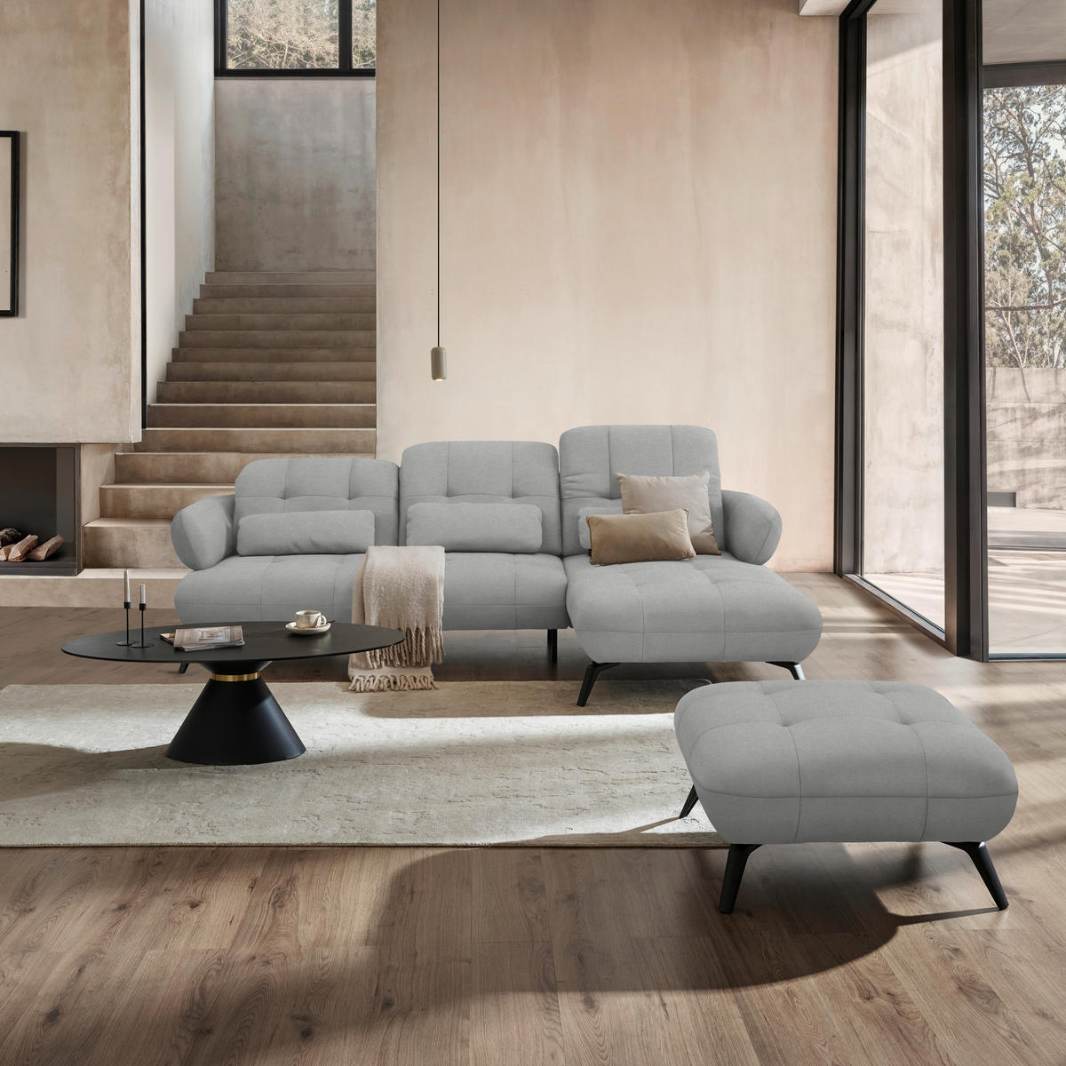 ECKSOFA Flachgewebe Hellgrau  - Hellgrau/Schwarz, Design, Textil/Metall (282/189cm) - Novel