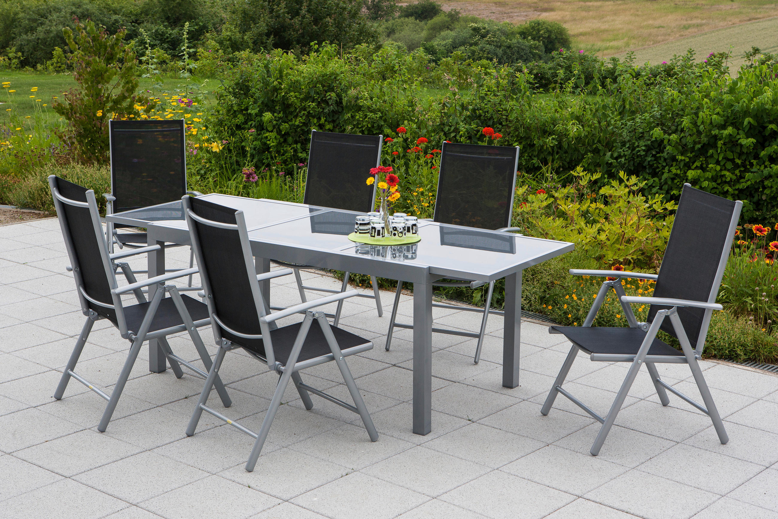 GARTENSET 7-teilig Aluminium 7-teilig  - Silberfarben/Schwarz, MODERN, Textil/Metall - Gardenson