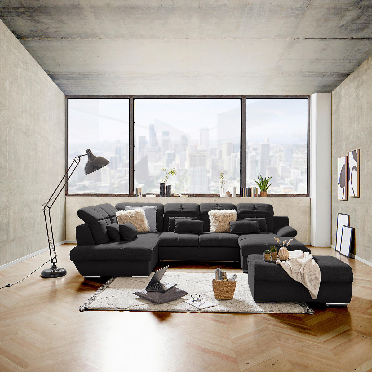 WOHNLANDSCHAFT Anthrazit Mikrofaser  - Chromfarben/Anthrazit, MODERN, Textil/Metall (228/345/184cm) - MID.YOU