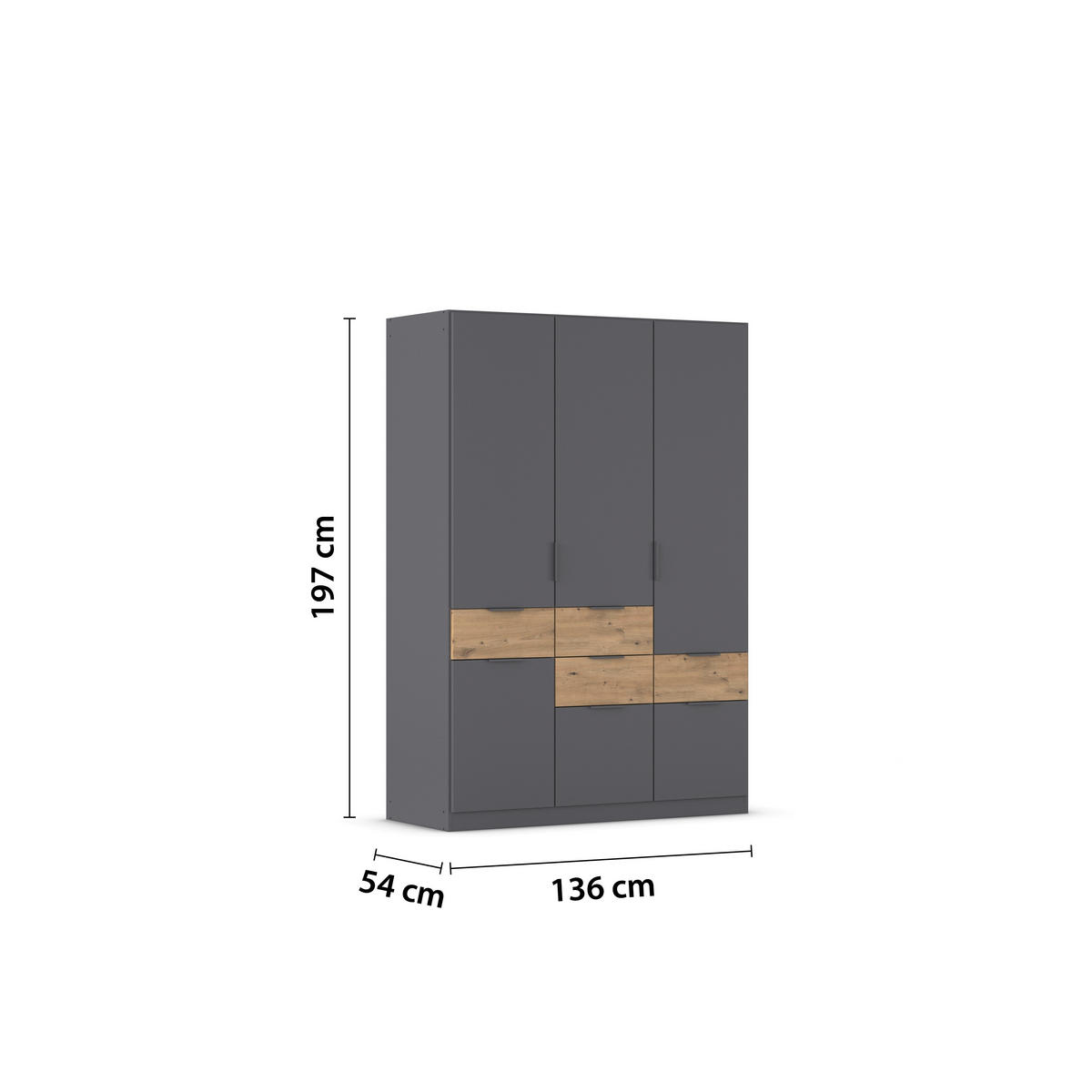 DREHTÜRENSCHRANK 4-türig Grau, Eiche Artisan  - Eiche Artisan/Grau, KONVENTIONELL, Holzwerkstoff/Metall (136/197/54cm) - Xora