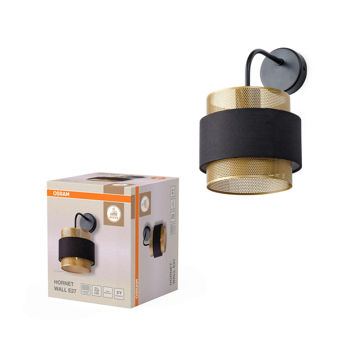 WANDLEUCHTE 18/23,5/30 cm   - Goldfarben/Schwarz, KONVENTIONELL, Textil/Metall (18/23,5/30cm) - Osram