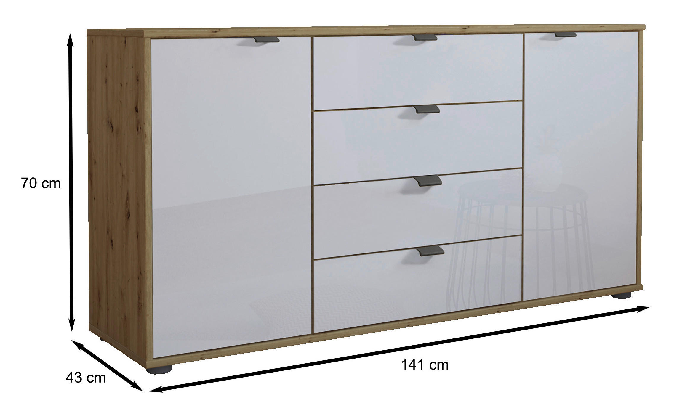 Thumbnail - Dieter Knoll Sideboard, Weiß, Eiche Bianco, Holzwerkstoff, 2 Fächer, 4 Schublade(n) Schubladen, 140x70x43 cm, ISO 9001, ...