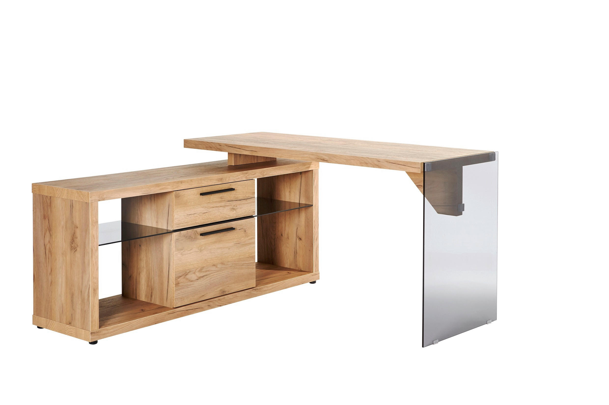 PISAĆI STOL KUTNI  boje hrasta  staklo, drvni materijal  - boje hrasta/crna, Design, staklo/drvni materijal (141,8/140/74cm)