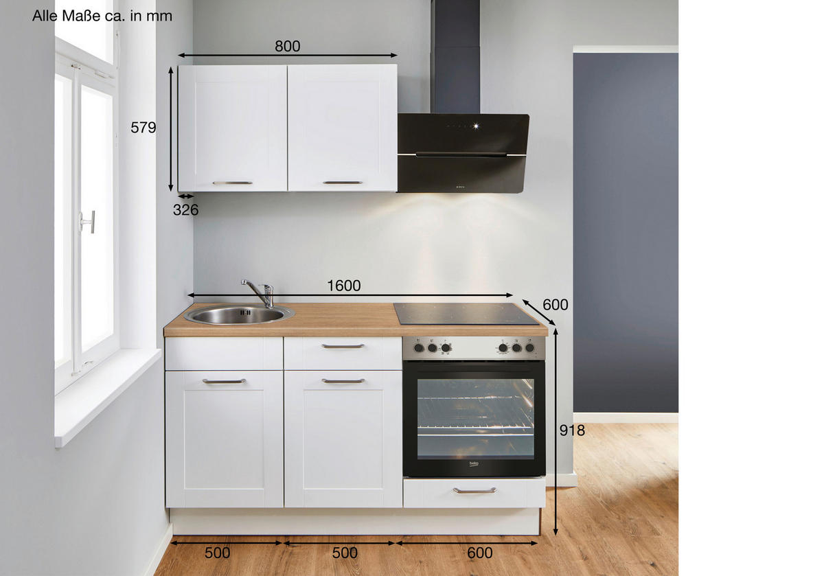 KÜCHENBLOCK 160 cm   in Weiß, Eichefarben  - Edelstahlfarben/Eichefarben, Design, Holzwerkstoff/Metall (160cm) - Pino