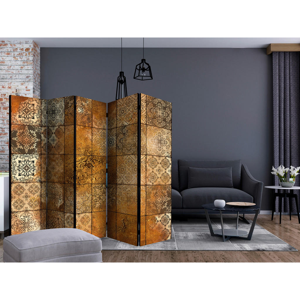 Thumbnail - artgeist Paravent, Braun, Beige, Holz, Textil, Kiefer, massiv, Abstraktes, 225x172x3 cm, Motiv auf Vorder- und Rückseite...