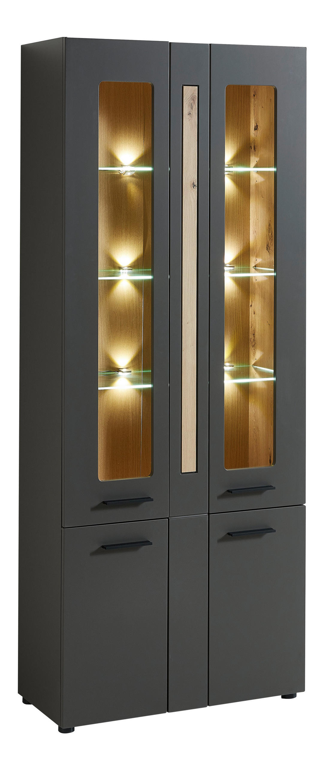 VITRINE Graphitfarben, Eichefarben Beleuchtung, Einlegeböden - Eichefarben/Schwarz, MODERN, Glas/Holzwerkstoff (80/201/37cm) - Livetastic