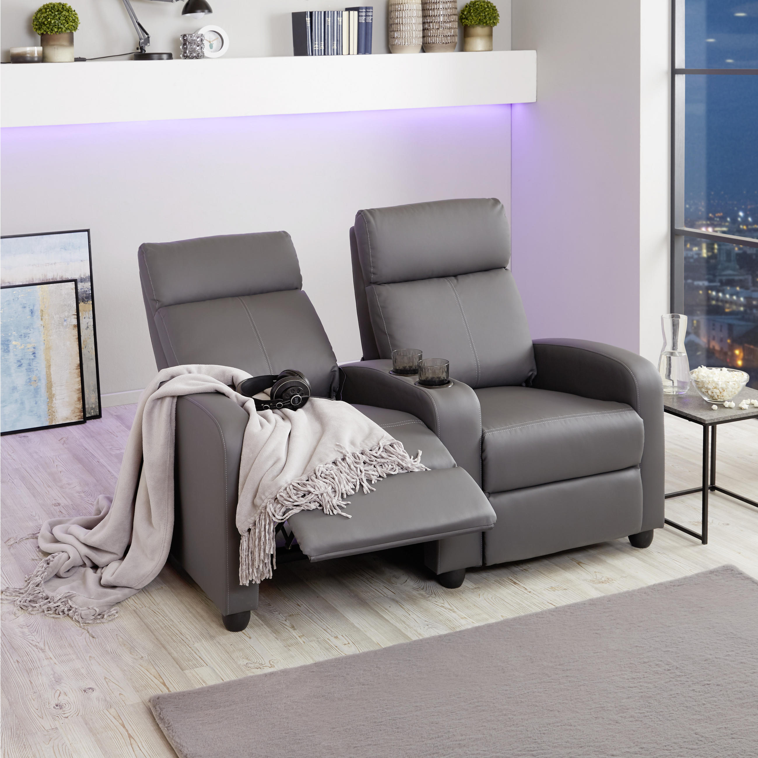 HEIMKINO-SOFA Lederlook Grau  - Schwarz/Grau, KONVENTIONELL, Kunststoff/Textil (128/100/87cm) - MID.YOU