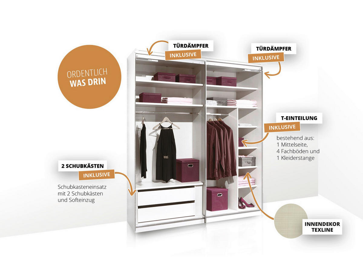 SCHWEBETÜRENSCHRANK 167/222/68 cm 2-türig Weiß, Eiche Artisan  - Alufarben/Weiß, Holzwerkstoff/Metall (167/222/68cm) - Moderano