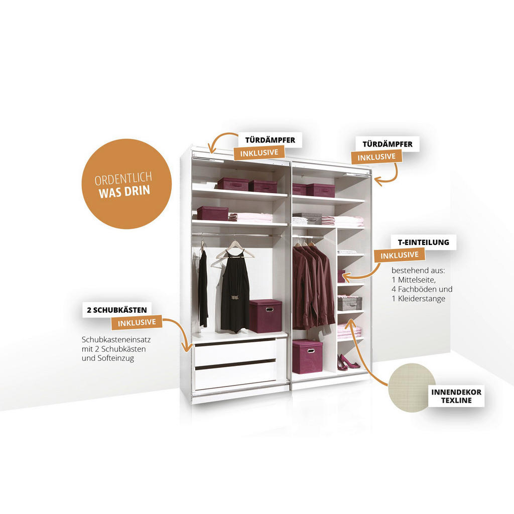 Thumbnail - Moderano Schwebetürenschrank, Anthrazit, Hellgrau, Holzwerkstoff, 4 Fächer, 2 Schubladen, 167x222x68 cm, Goldenes M, BQ ...