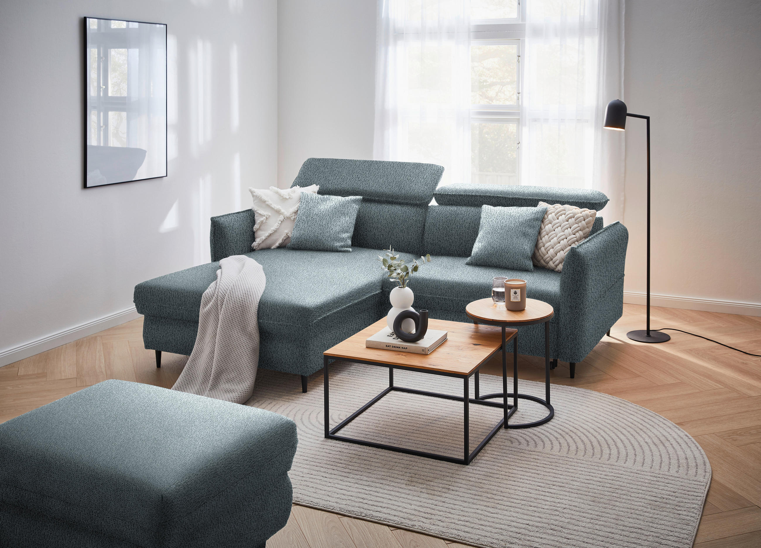 ECKSOFA in Flachgewebe Graublau  - Graublau/Schwarz, Design, Holz/Textil (185/232cm) - Stylife