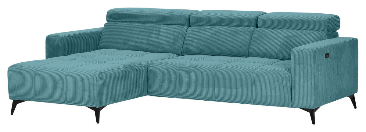 ECKSOFA Petrol Cord Rücken echt, Kopfteilverstellung, Sitzvorzug  - Petrol/Schwarz, KONVENTIONELL, Textil/Metall (170/257cm) - Carryhome