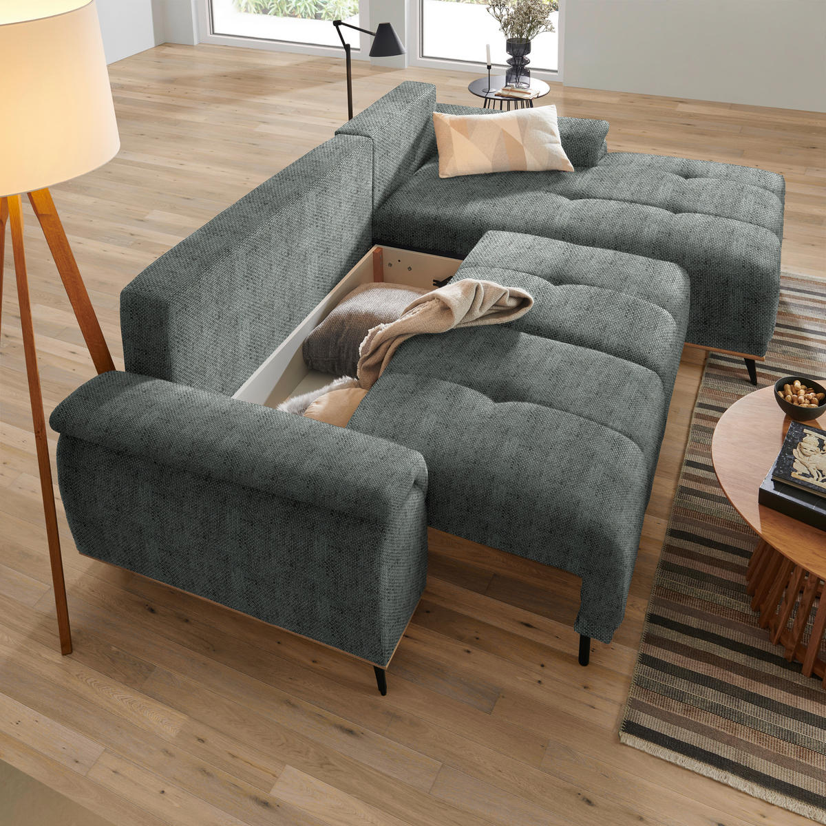 ECKSOFA in Struktur Dunkelgrau  - Dunkelgrau/Schwarz, Modern, Textil/Metall (262/168cm) - home24