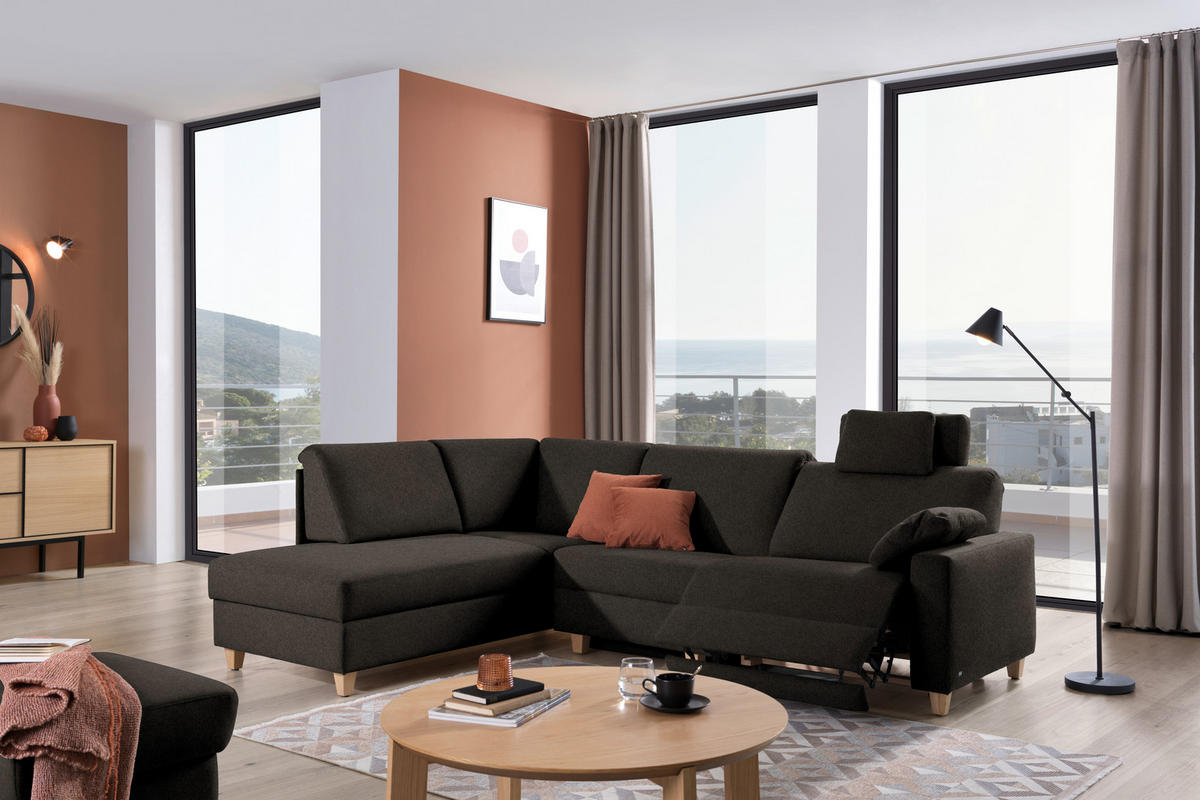 ECKSOFA in Flachgewebe Dunkelbraun  203/261 cm  - Eichefarben/Dunkelbraun, KONVENTIONELL, Holz/Textil (203/261cm) - Sedda