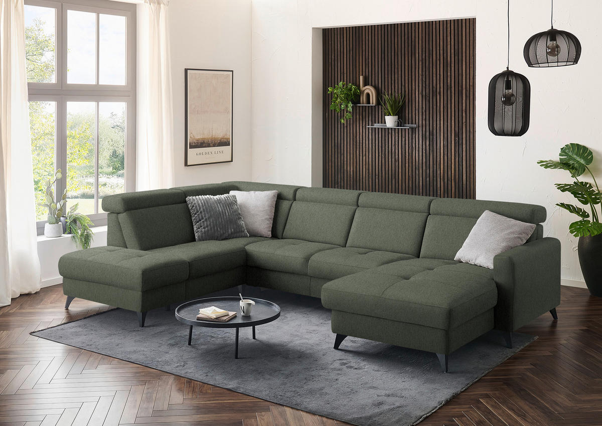 WOHNLANDSCHAFT Flachgewebe Dunkelgrün  - Dunkelgrün/Schwarz, Konventionell, Textil/Metall (215/333/174cm) - Beldomo System