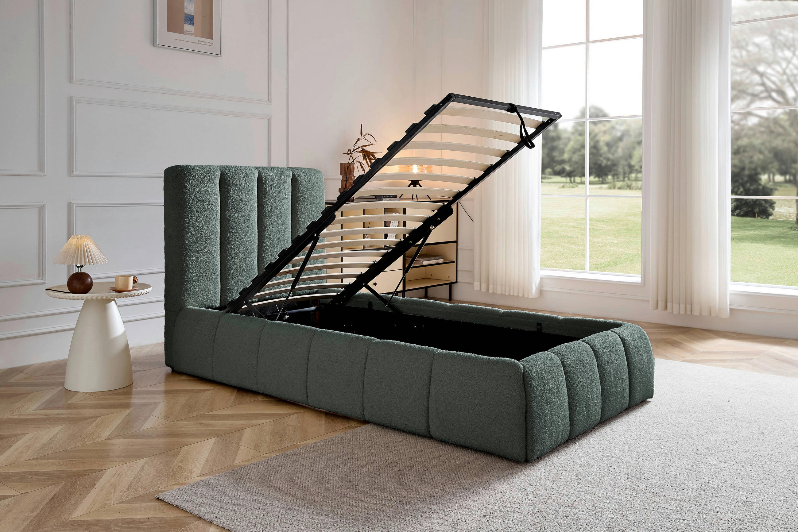 POLSTERBETT gepolstertes Kopfteil, Lattenrost, Bettkasten 90/200 cm  in Grün  - Schwarz/Naturfarben, Design, Holz/Kunststoff (90/200cm) - Boxxx