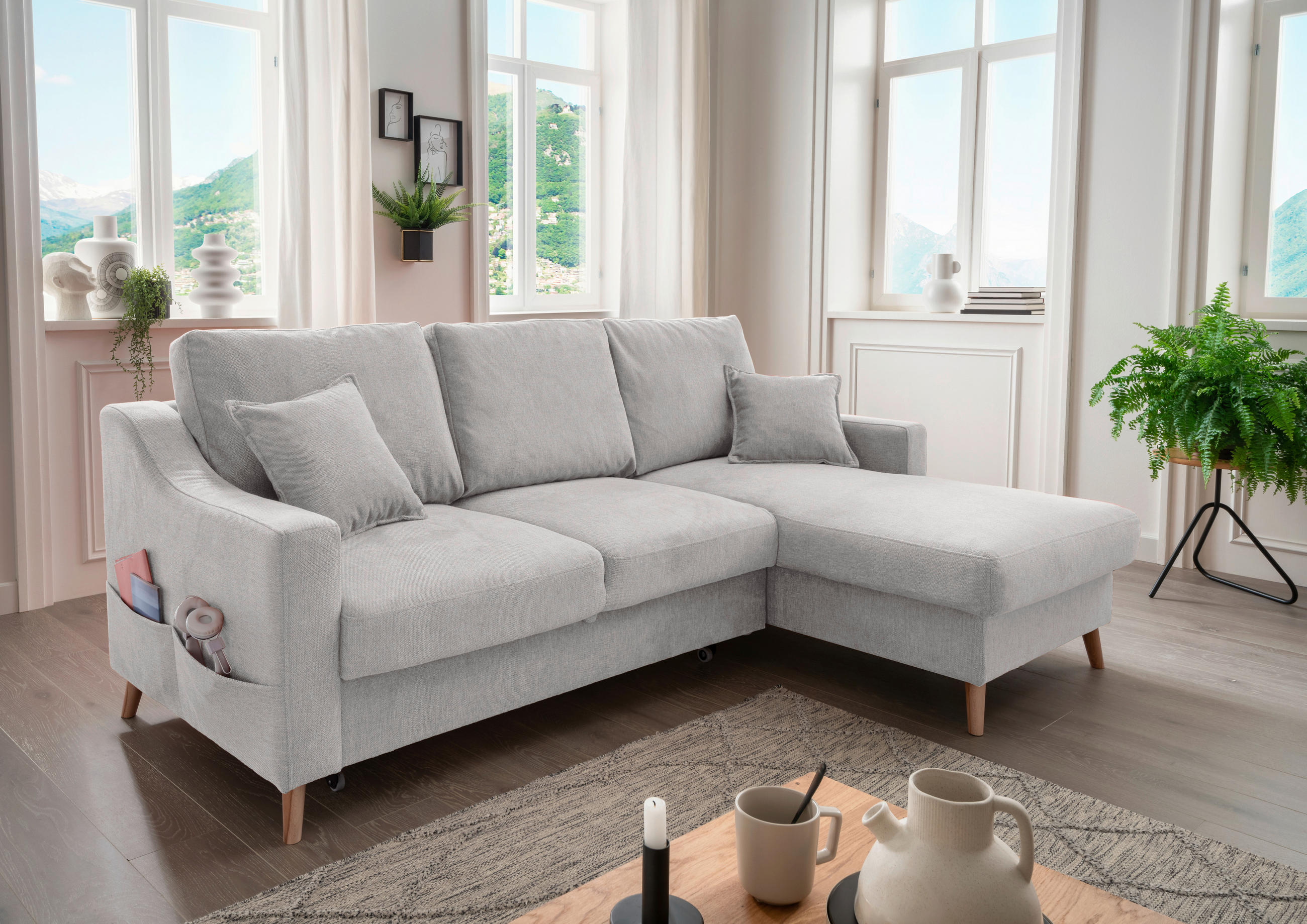 ECKSOFA in Chenille Grau  - Naturfarben/Grau, Modern, Holz/Textil (228/150cm) - Livetastic