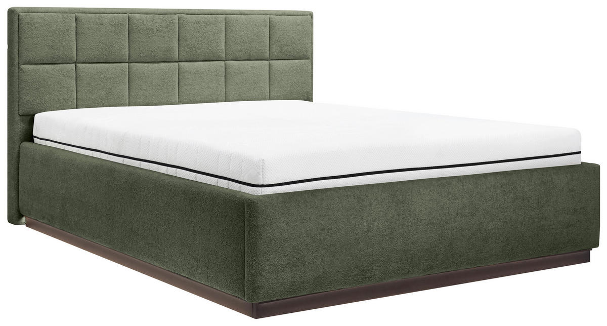 POLSTERBETT 140/200 cm,  in Grün, gepolstertes Kopfteil, Beleuchtung, Lattenrost, Bettkasten,  - Birkefarben/Schwarz, Design, Holz/Holzwerkstoff (140/200cm) - Chameo