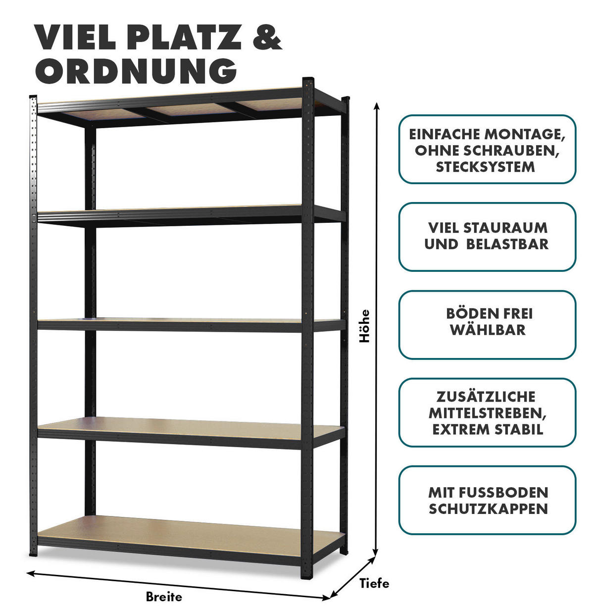 SCHWERLASTREGALSET Lakota  - Schwarz, Basics, Holzwerkstoff/Metall (90/180/40cm) - Floordirekt