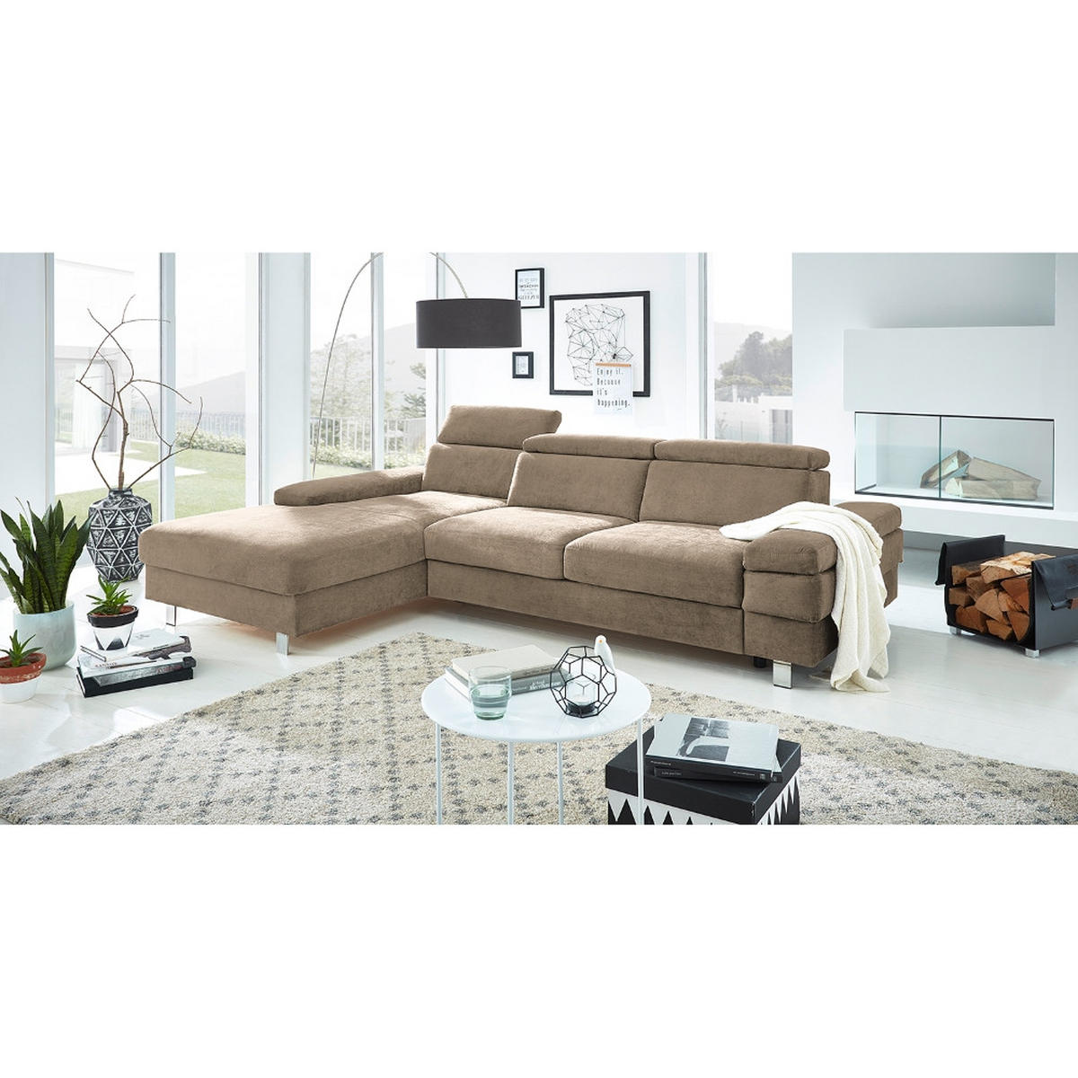 ECKSOFA in Webstoff Schlammfarben  - Schlammfarben/Silberfarben, Konventionell, Textil/Metall (260/82/182cm) - Trendmanufaktur