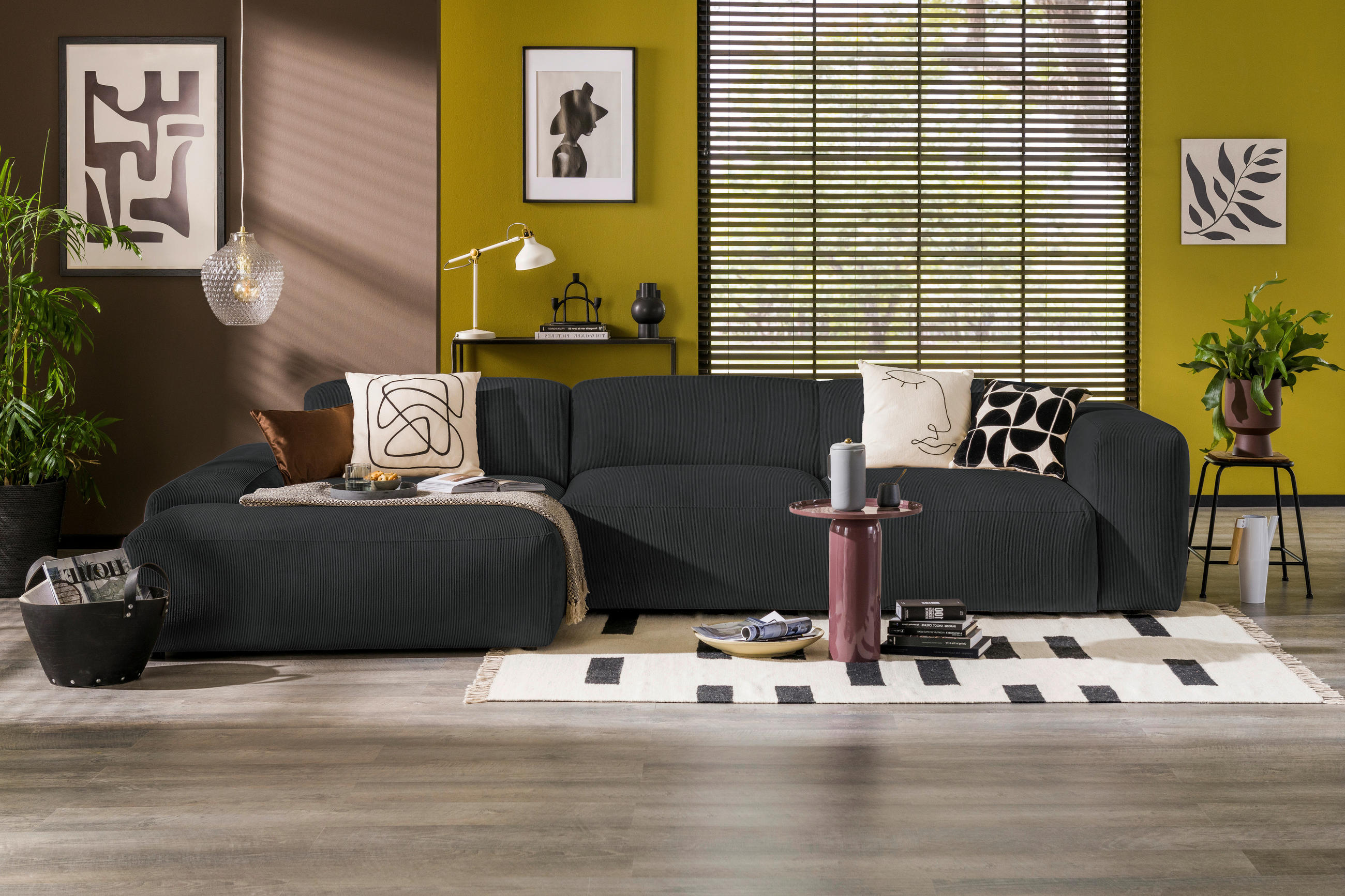 ECKSOFA HANNAH Schwarz Cord  - Schwarz, Design, Kunststoff/Textil (170/343cm) - MID.YOU