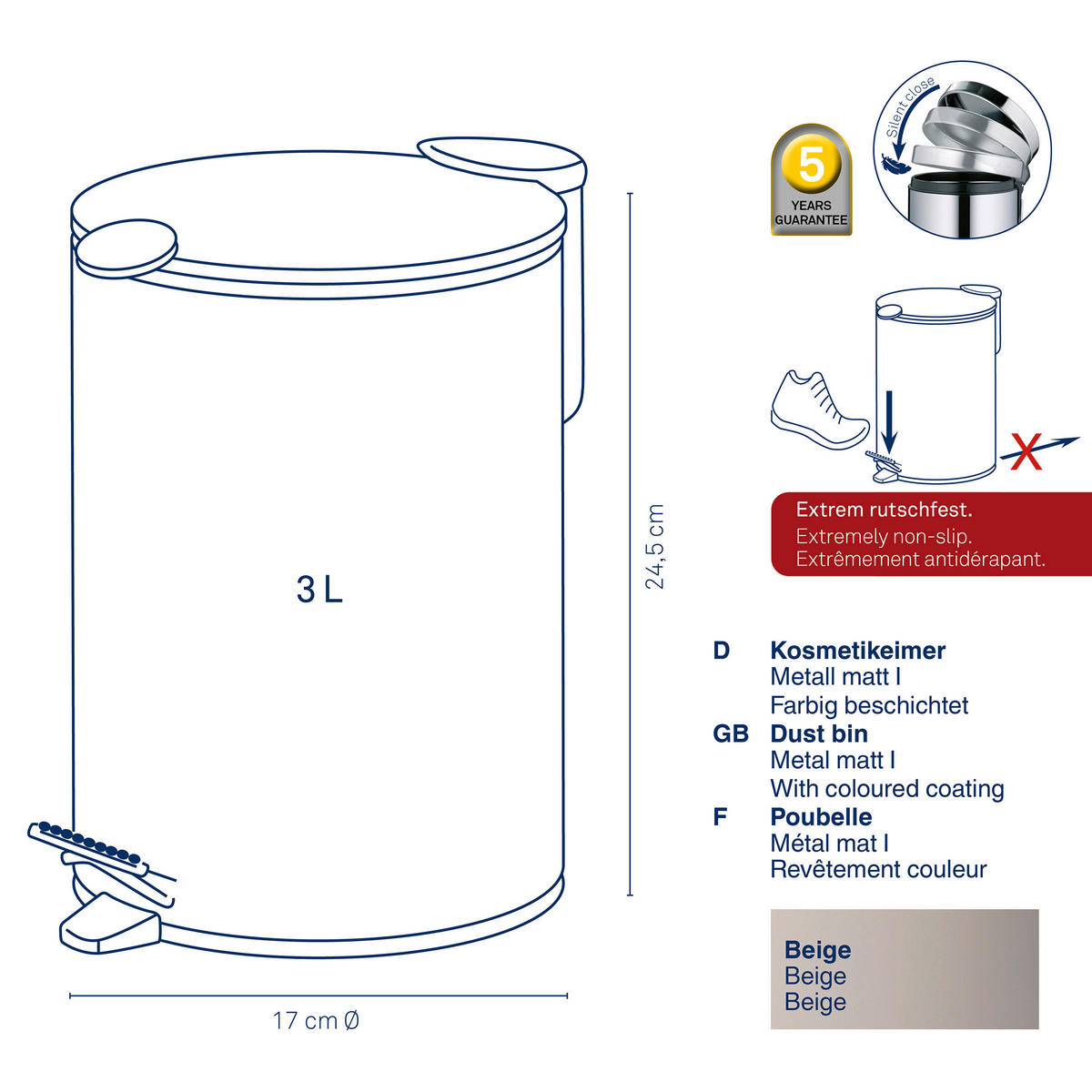 KOSMETIKEIMER 3 l  Metall  - Beige/Schwarz, Basics, Kunststoff/Metall (23/17cm) - Kela