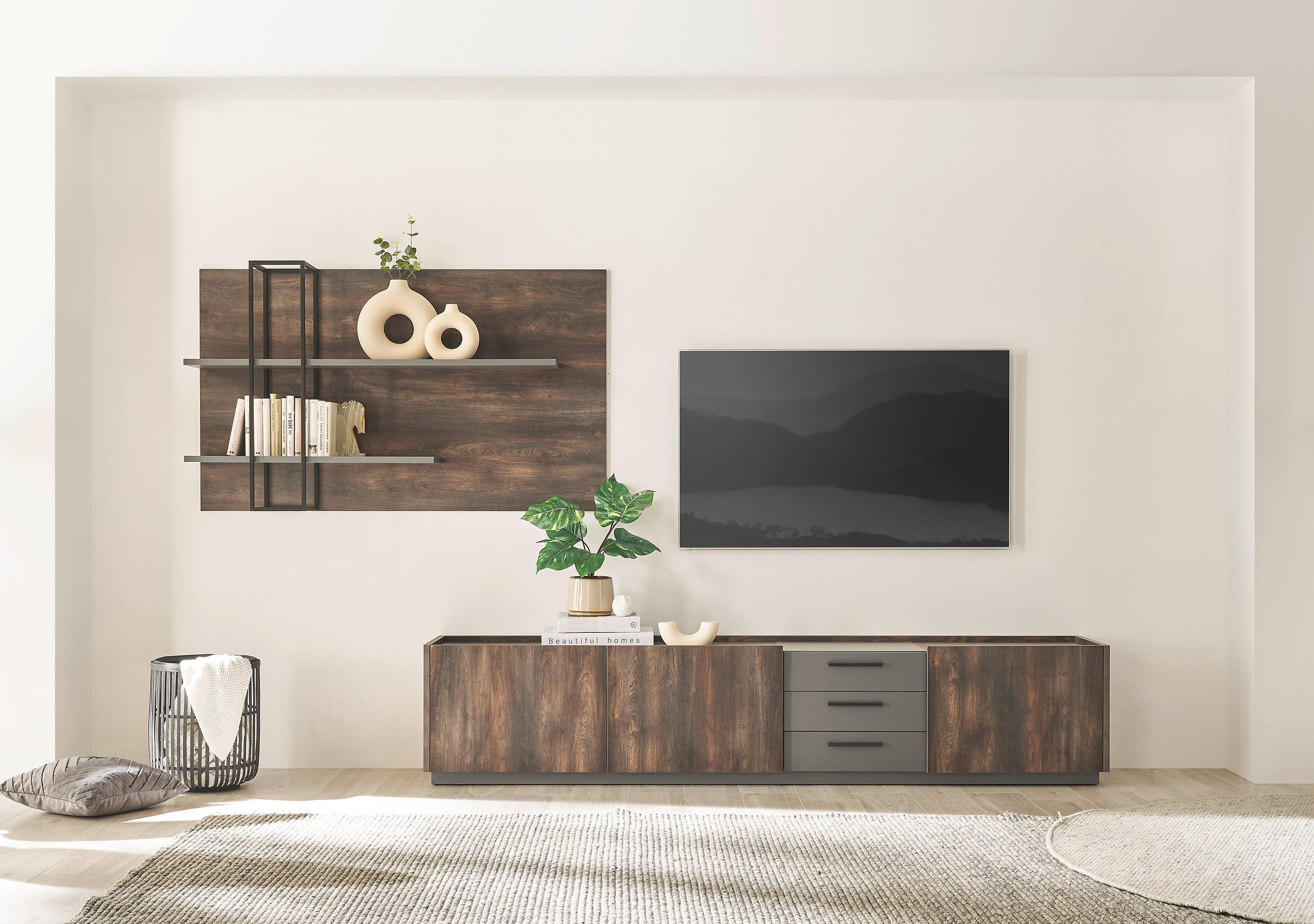 WOHNWAND 2-teilig in Anthrazit, Eichefarben 316/180/45 cm - Eichefarben/Anthrazit, Design, Holzwerkstoff/Metall (316/180/45cm) - MID.YOU