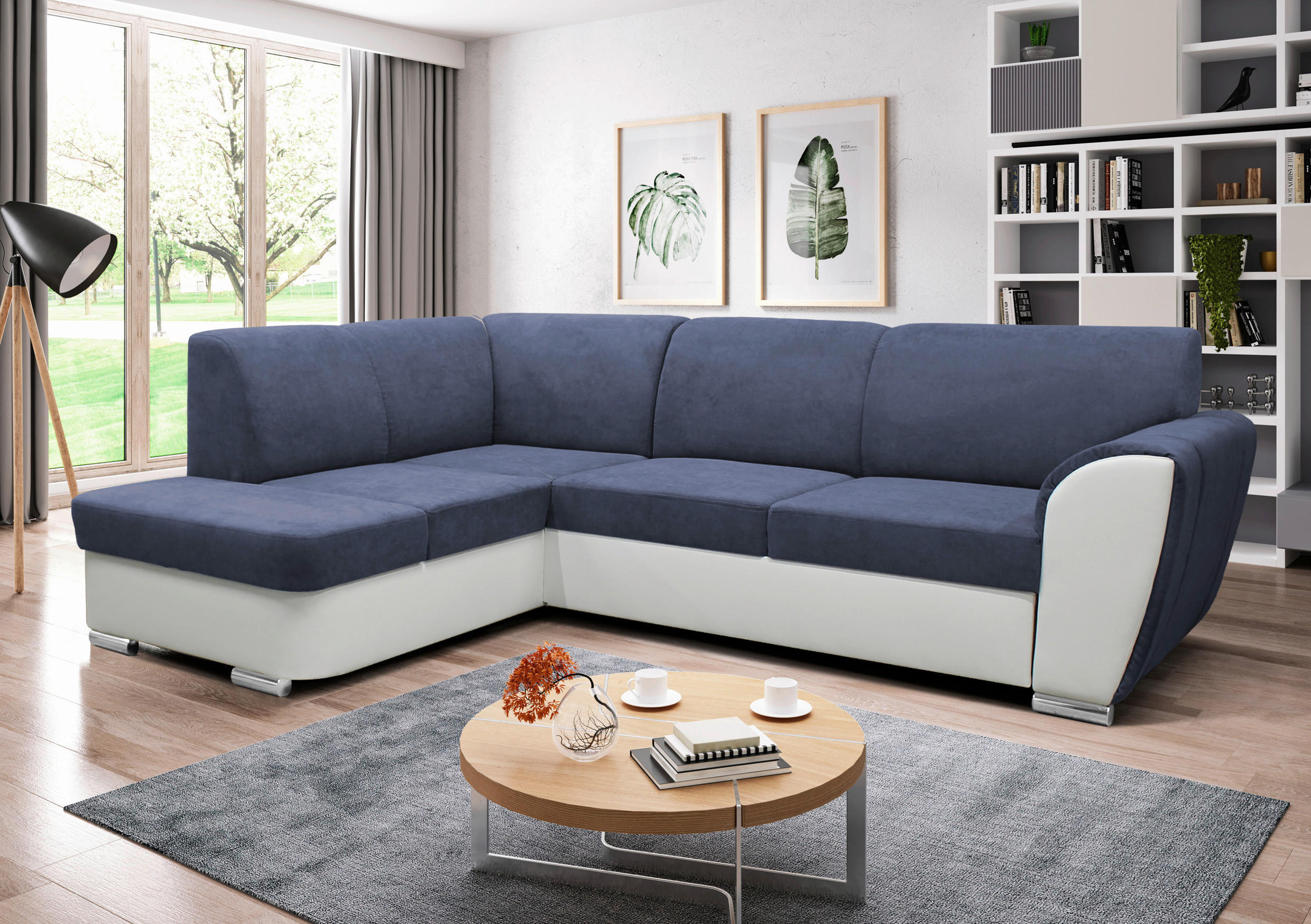 ECKSOFA Blau, Weiß Velours  - Blau/Silberfarben, Design, Kunststoff/Textil (196/255cm) - MID.YOU