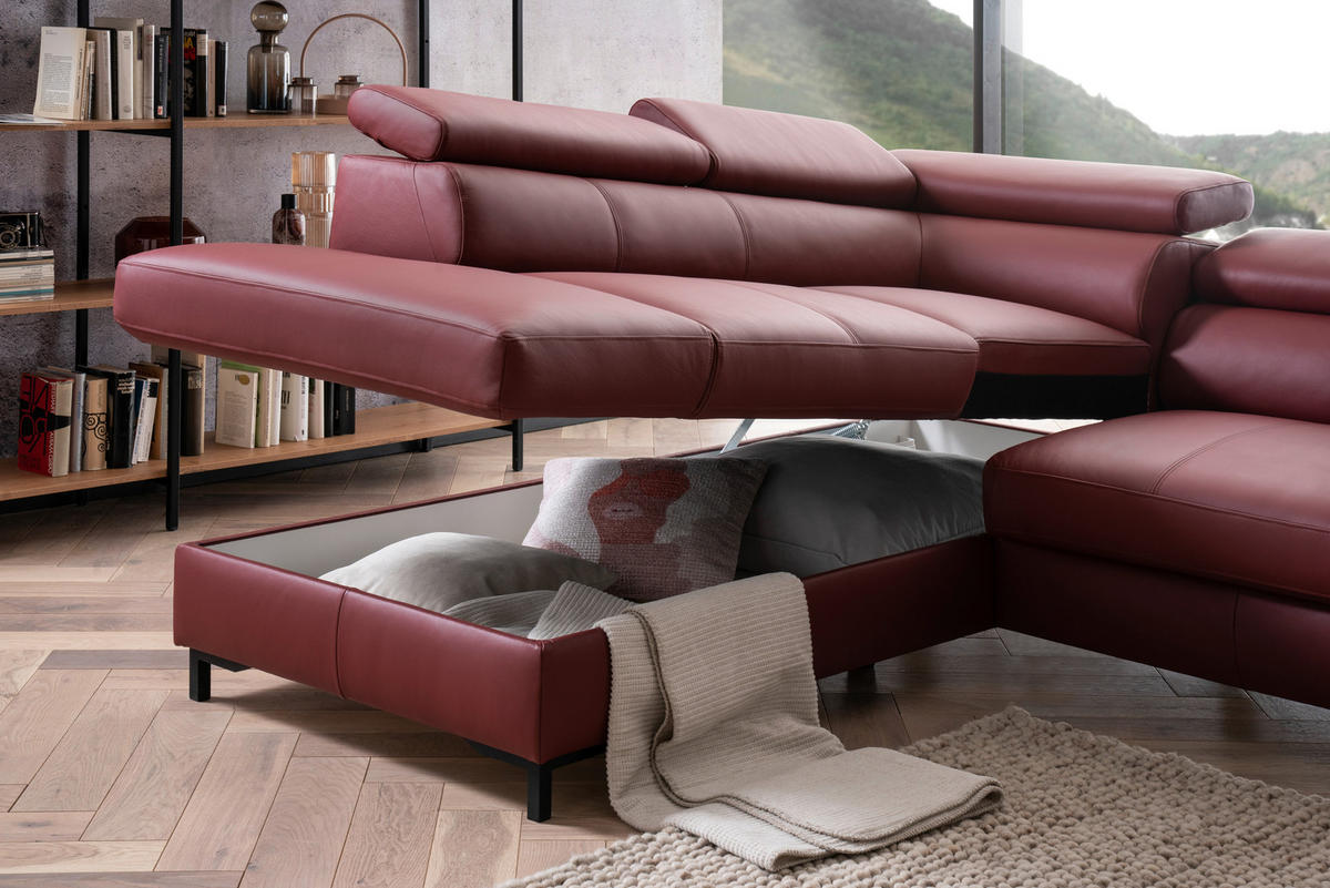 ECKSOFA Bordeaux Echtleder  - Bordeaux/Schwarz, Design, Leder/Metall (213/268cm)