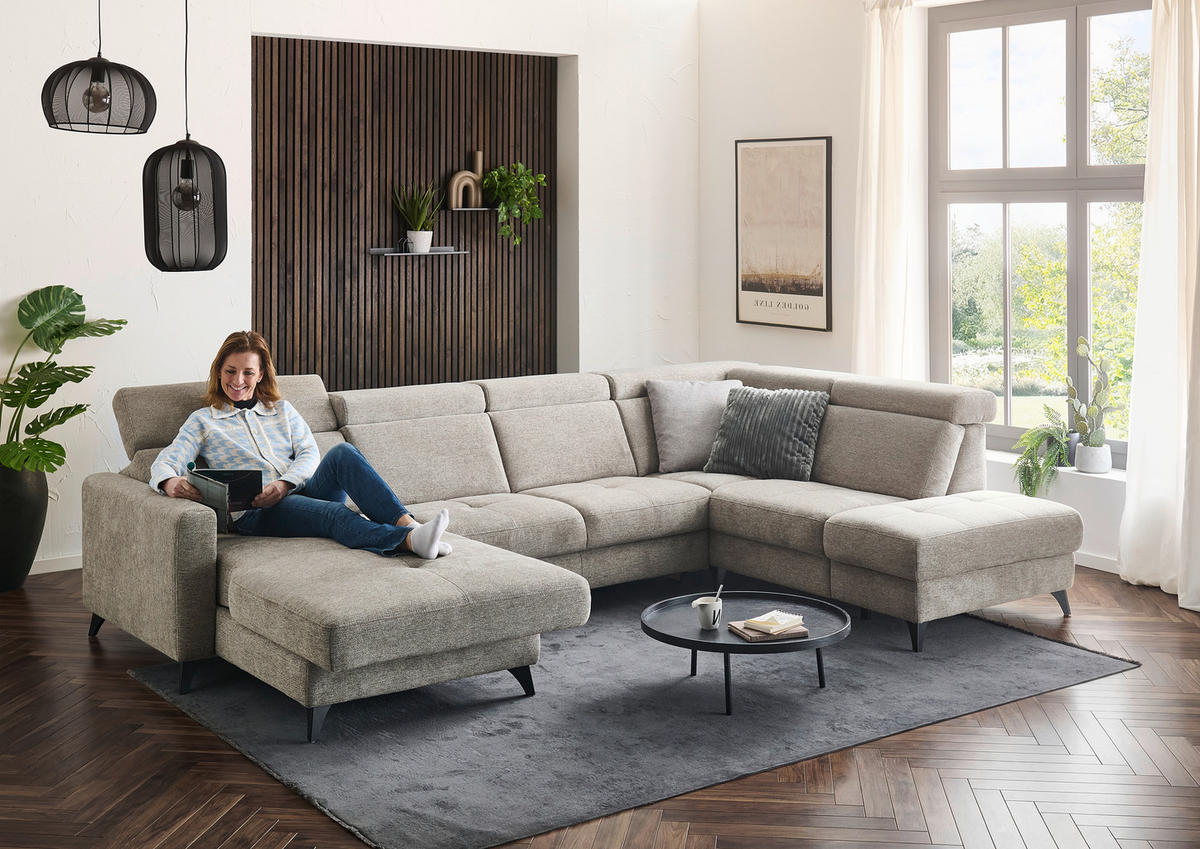 WOHNLANDSCHAFT Beldomo System Graubraun Flachgewebe  - Graubraun/Schwarz, KONVENTIONELL, Textil/Metall (174/333/215cm) - Beldomo System