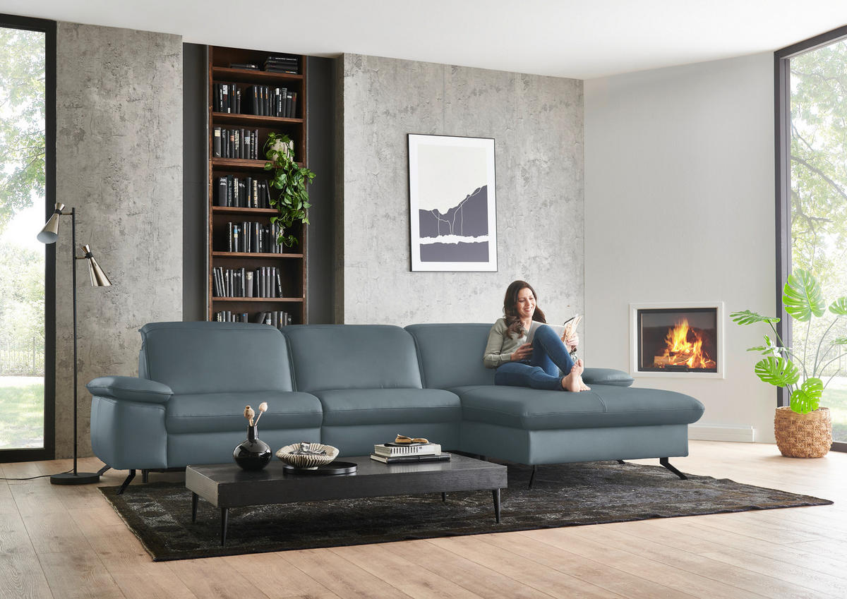 ECKSOFA  Echtleder Blaugrau  - Blaugrau/Schwarz, Design, Leder/Metall (307/169cm) - Beldomo Premium