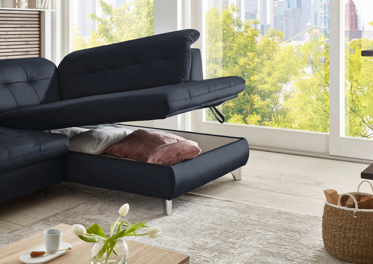 ECKSOFA in Echtleder Dunkelblau  - Alufarben/Dunkelblau, Design, Leder/Metall (309/211cm) - Beldomo Speed