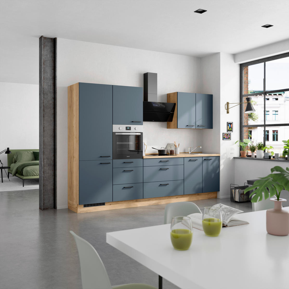 KÜCHENBLOCK Easytouch 300 cm  in Eichefarben, Dunkelblau  - Eichefarben/Schwarz, MODERN, Holzwerkstoff/Metall (300cm) - Nobilia