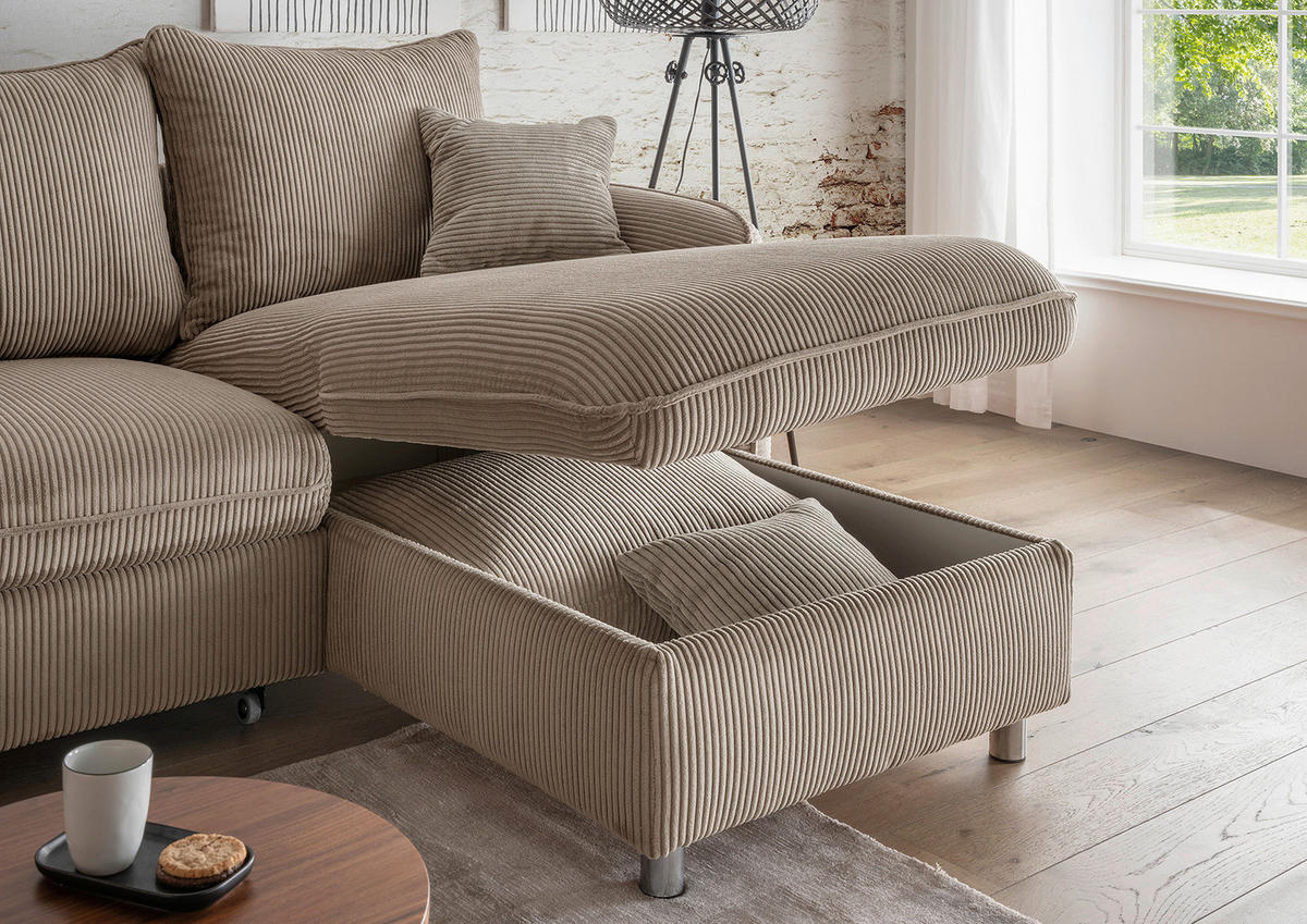 ECKSCHLAFSOFA  mit Rücken echt, Armteil links, Armteil rechts Cord Graubraun  - Chromfarben/Graubraun, MODERN, Textil/Metall (254/160cm) - Livetastic