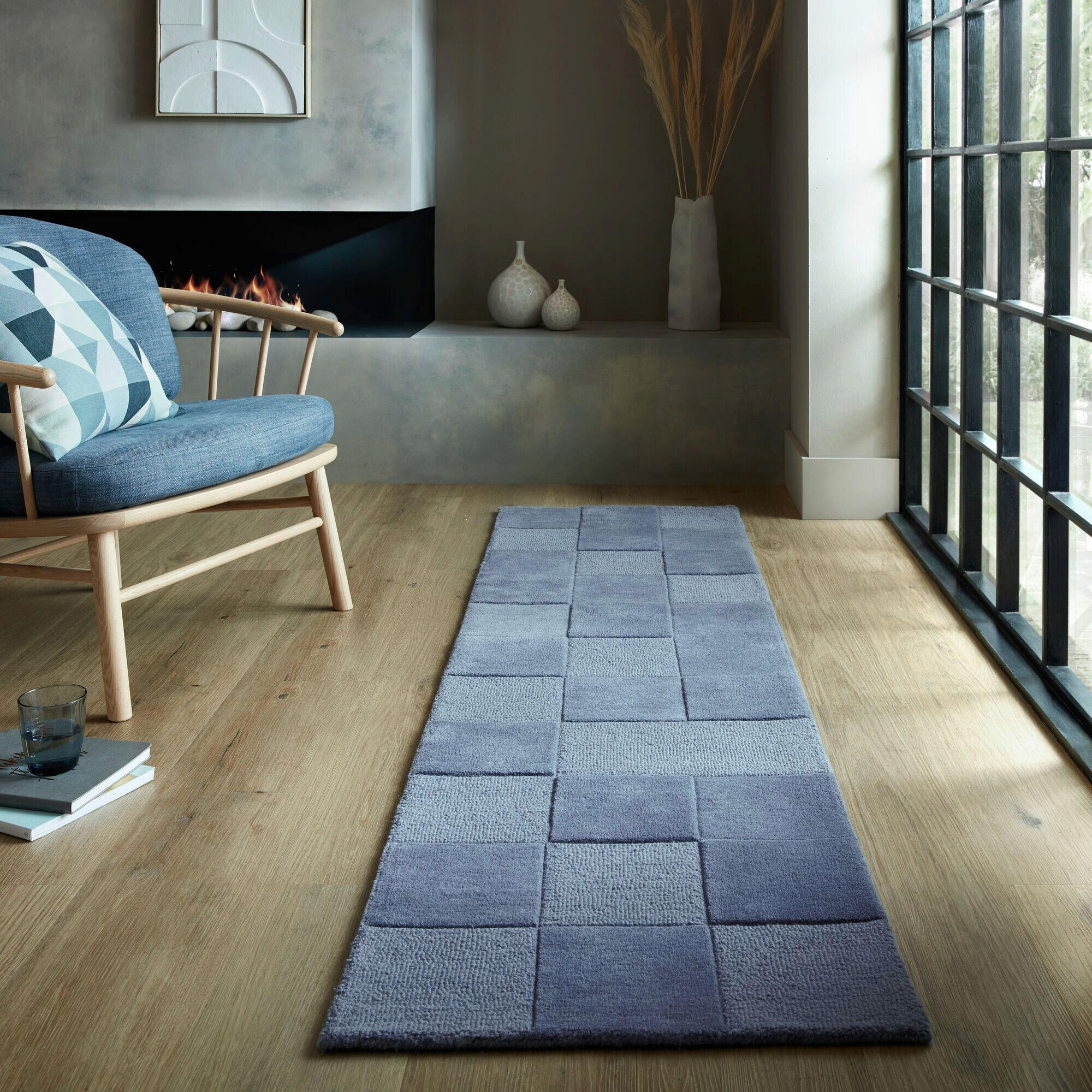 HANDWEBTEPPICH 60/230 cm CHECKERBOARD Blau  - Blau, KONVENTIONELL, Textil (60/230cm)