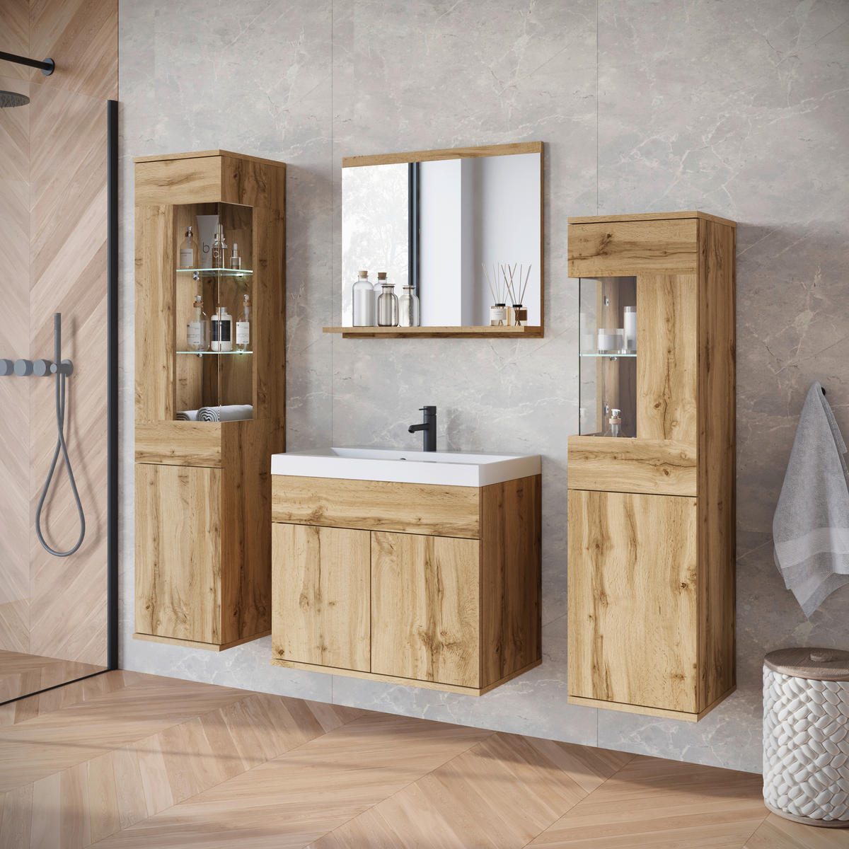 BADEZIMMER 5-teilig  in 120,4 cm  - Eiche Wotan/Weiß, Trend, Glas/Keramik (120,4cm) - P & B