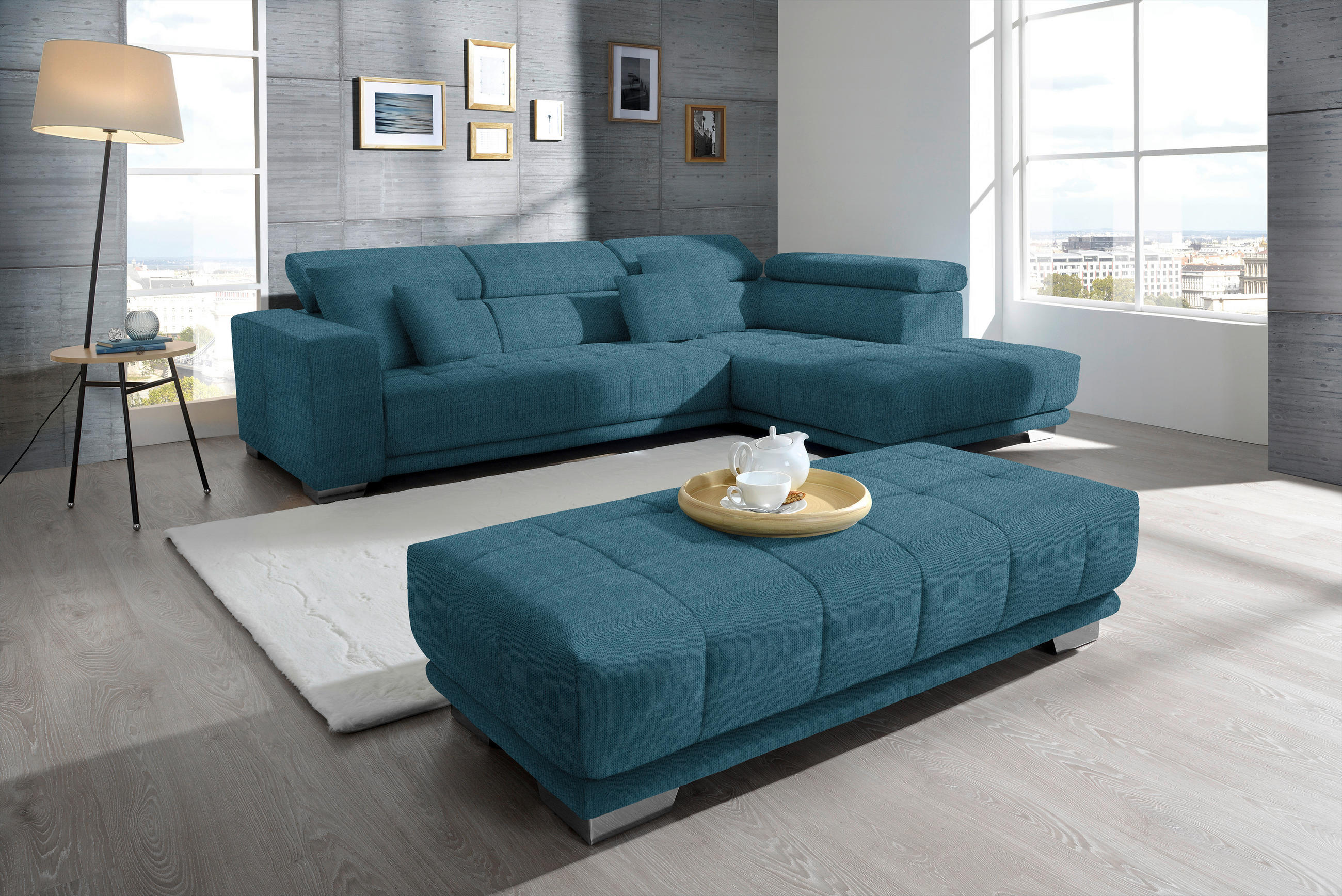 ECKSOFA in Mikrofaser Blau  - Chromfarben/Blau, Design, Textil/Metall (301/207cm) - Xora
