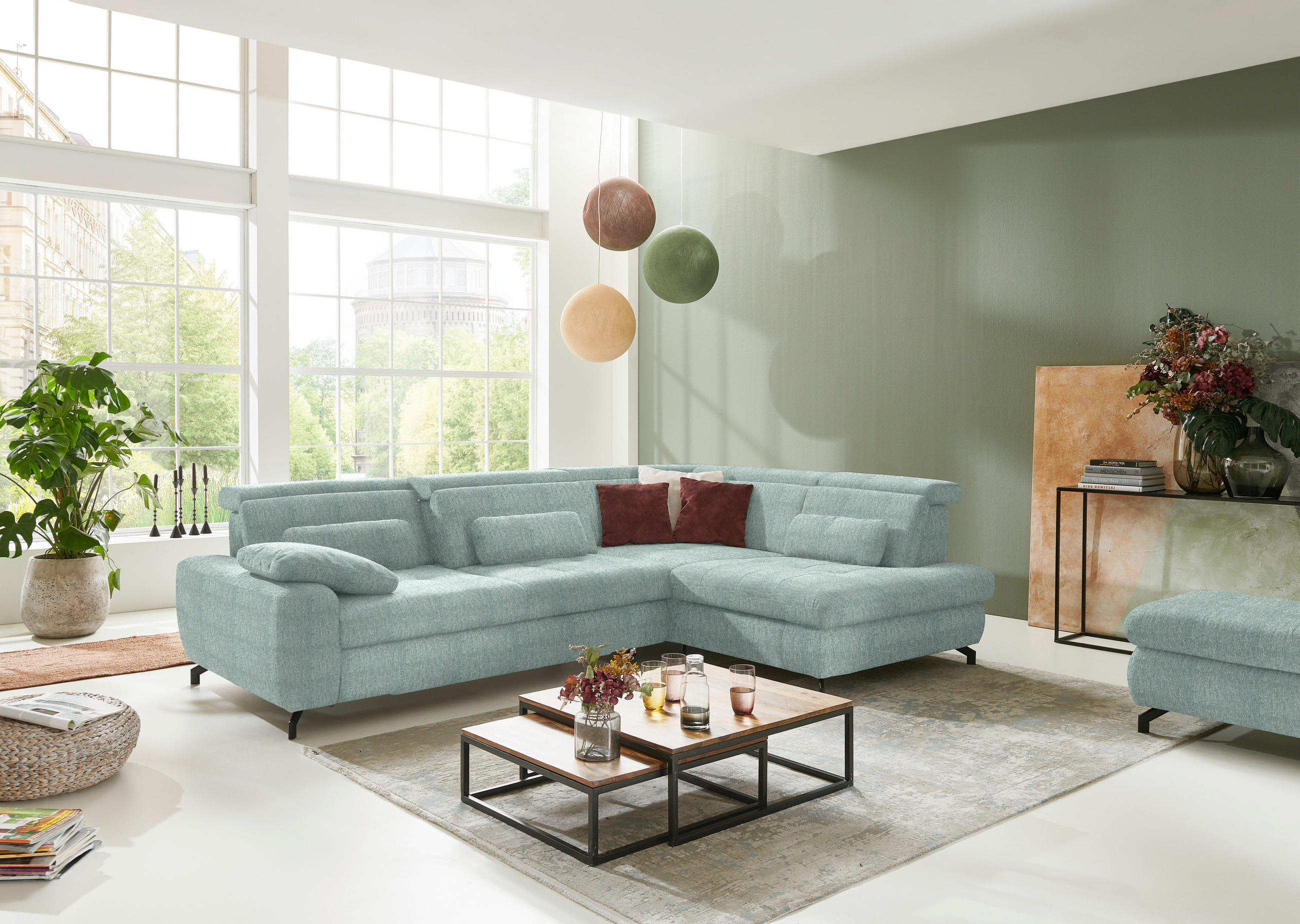 ECKSOFA in Chenille Mintgrün  - Schwarz/Mintgrün, Design, Textil/Metall (310/220cm) - Beldomo Style