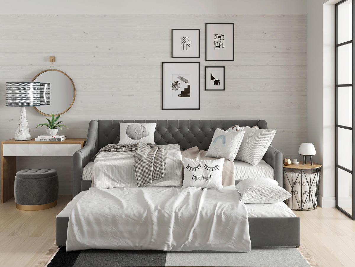 ZOFA S POSTELJNO FUNKCIJO,  antracit les, tekstil  - antracit, Trendi, tekstil/les (110/97/210cm) - MID.YOU