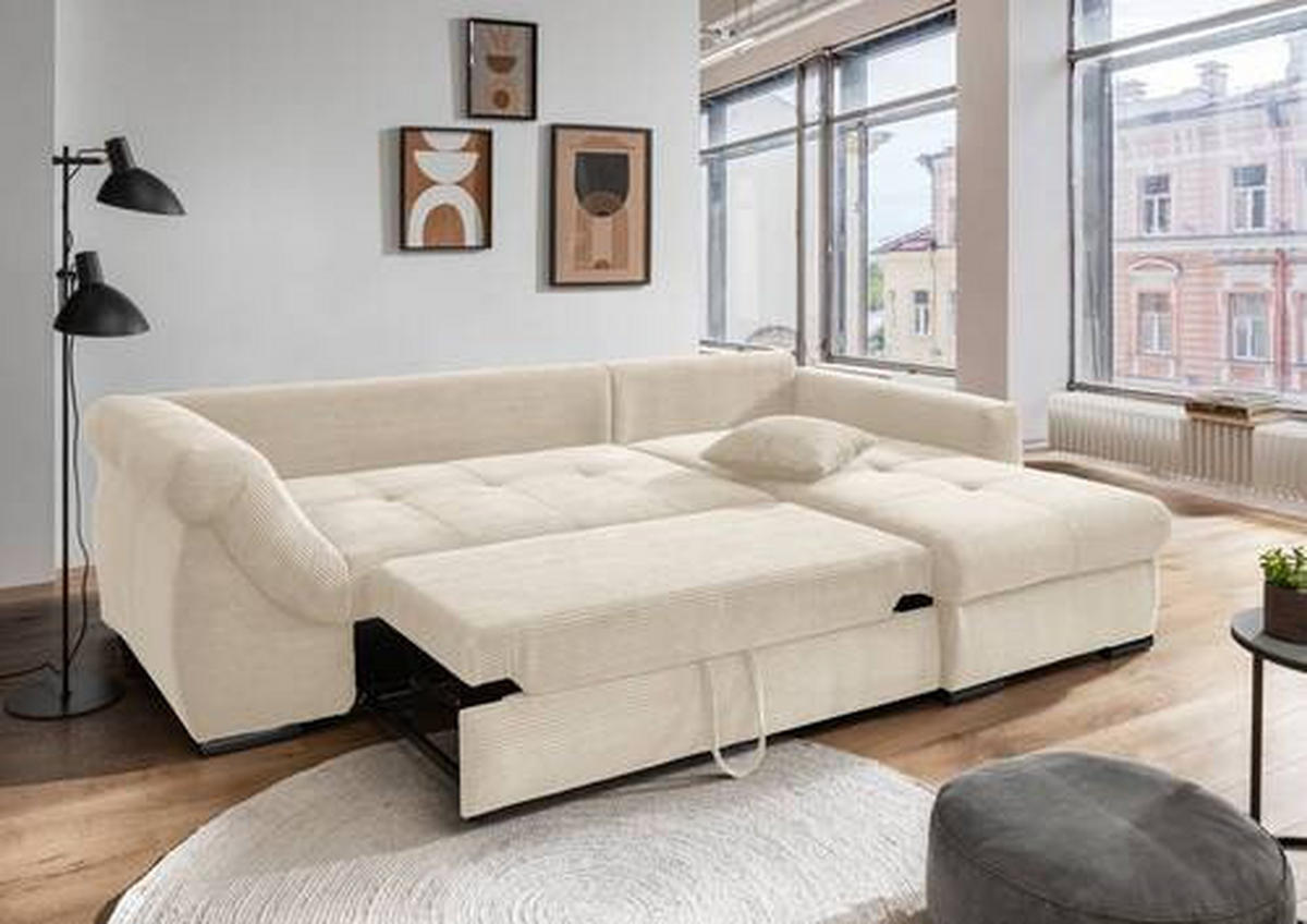 ECKSOFA in Cord Beige  - Beige/Schwarz, Modern, Holz/Textil (302/188cm) - MID.YOU