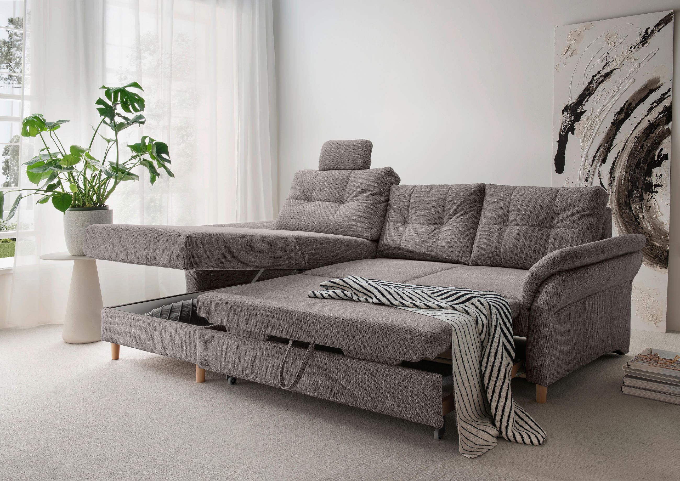 ECKSOFA in Chenille Graubraun  - Graubraun/Naturfarben, MODERN, Holz/Textil (176/250cm) - Livetastic