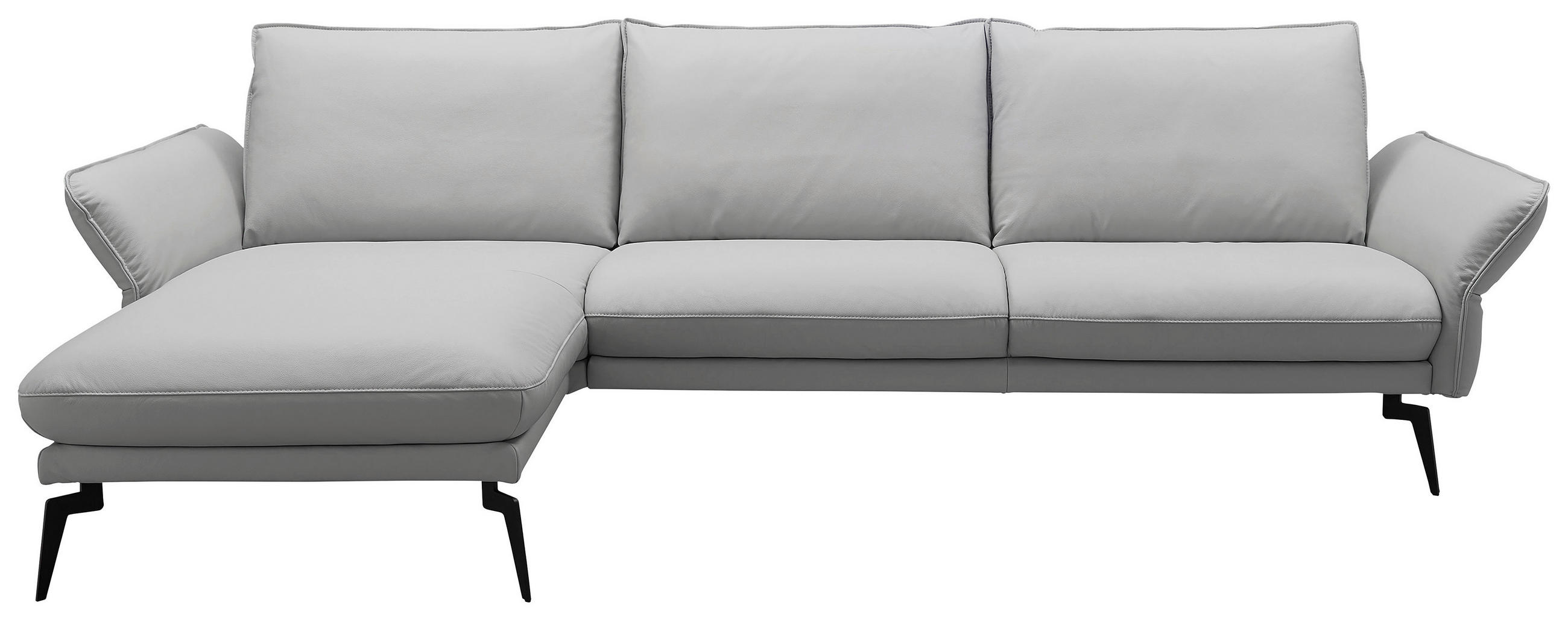 ECKSOFA Hellgrau Echtleder Rücken echt, Armteilverstellung, Sitztiefenverstellung  - Hellgrau/Schwarz, LIFESTYLE, Leder/Metall (168/260cm) - Moderano